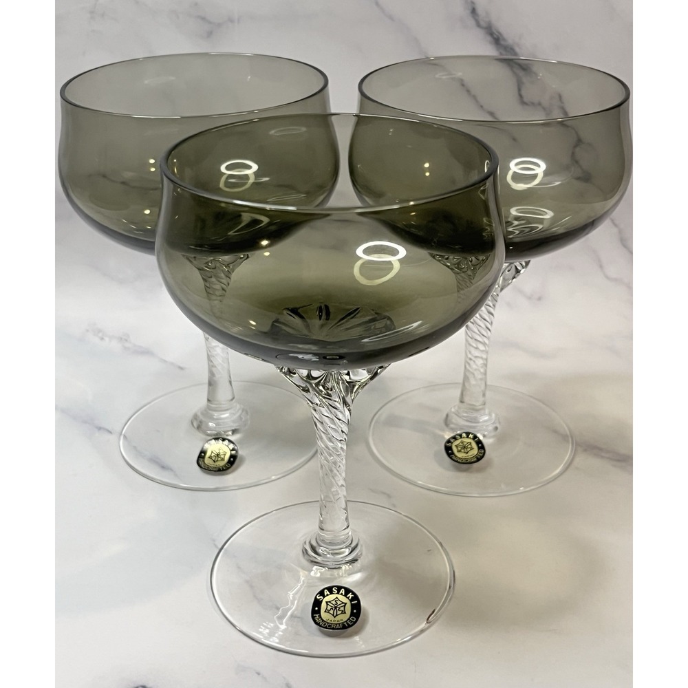 Vintage Sasaki Japan Coronation Dark Green 3 Cocktail Glasses 6 oz MCM READ